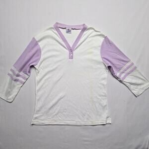 Vintage Le Riche Henley Shirt Purple White 3/4 Sleeve Made USA Womens Small 80s